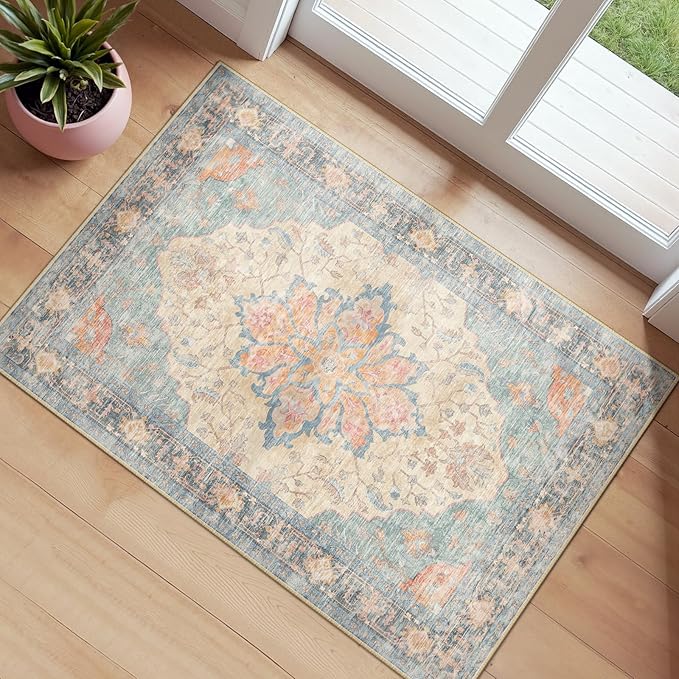 RELEANY Area Rugs Small 2'x4' Washable Non-Slip, Floral Vintage Distress by RELEANY