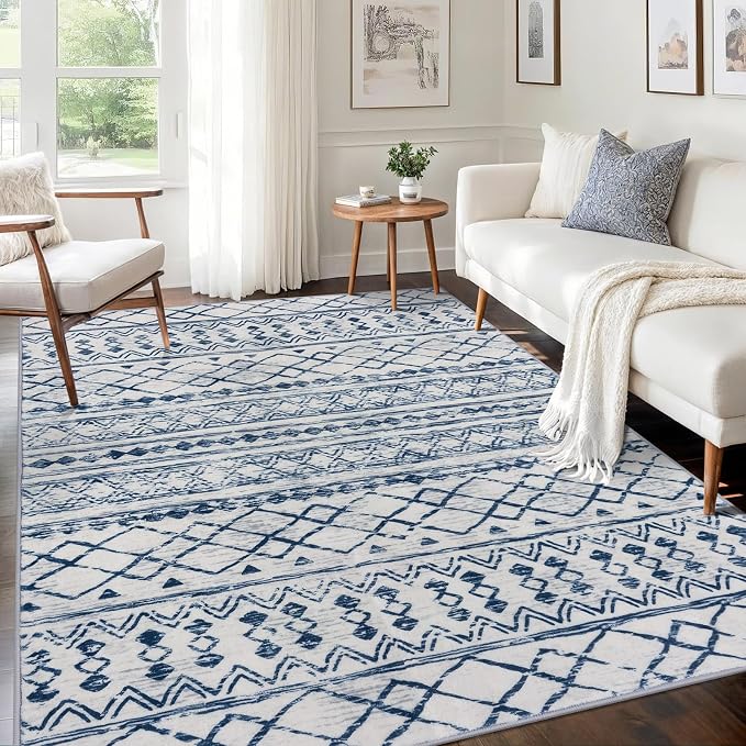 KUTA Area Rug 5x7, Moroccan Large Blue White Rugs Washable Boho Non-Slip by KUTA