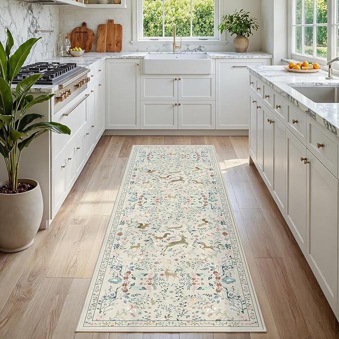 Runner Rug Washable Runners Kitchen Rugs Non Slip Neutral Floral Carpet Low Pile by Yidanamy