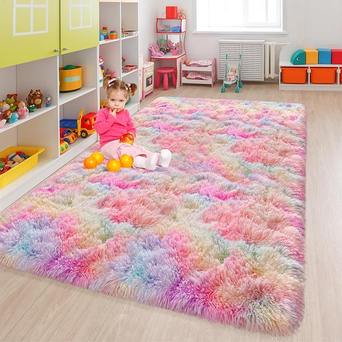 Cute Unicorn Rug for Girls Bedroom, 6x9 Plush Fluffy Princess Rainbow Area Rug - Image 9