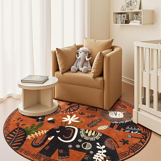 jinchan 5ft Cute Round Rug Kids Washable Fun Rug Terracotta Boho Jungle Indoor - Image 3