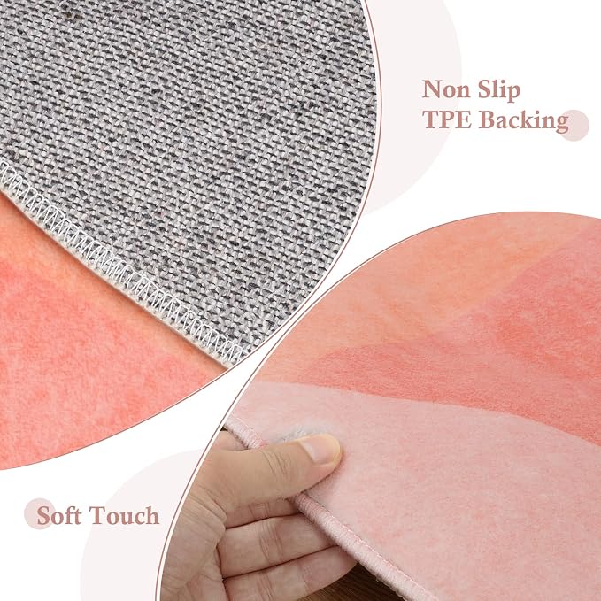Pink Round Rugs, 4Ft Soft Nursery Rug Non Slip Washable Circle Rug, Modern - Image 3