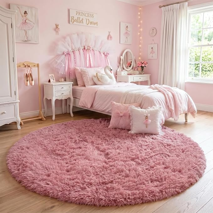 Blush Pink Big Round Rug 7Ft for Kids Bedroom, Fluffy Fuzzy Furry Circle Area - Image 8