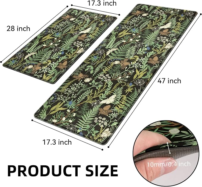 Black Green Botanical Kitchen Rugs Set of 2 Plant Leaf Anti-Fatigue Kitchen Mat - Image 2
