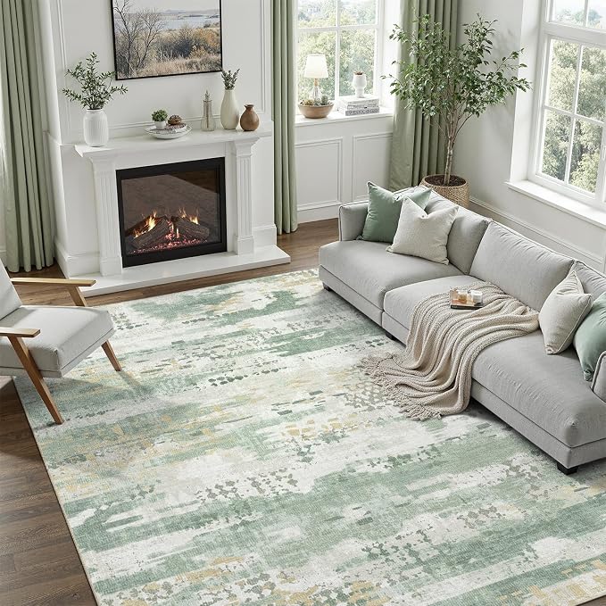 DCX Abstract Area Rug 4x6, Washable Sage Green Modern Rug - Image 3