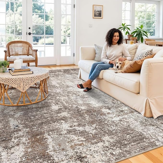 8x8 Square Living Room Area Rug – Washable Modern Neutral Abstract Indoor Rug - Image 3