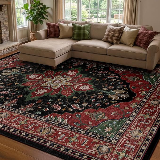 RELEANY Area Rugs 8'x10' Washable Non-Slip, Floral Vintage Distress Medallion by RELEANY
