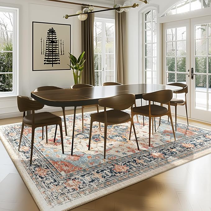 RELEANY Area Rugs 7'x9' Washable Non-Slip, Floral Vintage Distress Medallion by RELEANY