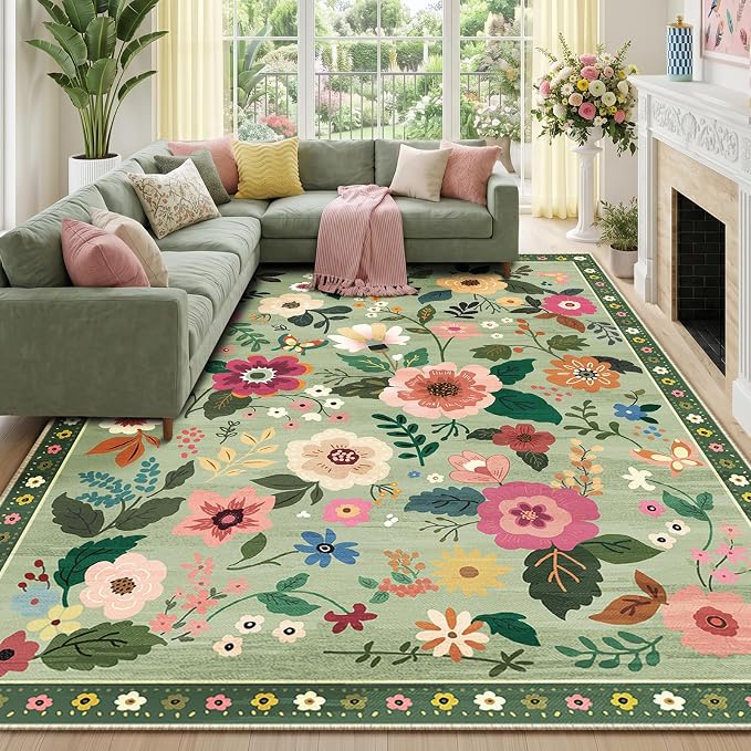 RELEANY Floral 9x12 Area Rugs Washable Print Boho Cute Carpet Non Slip Flower by RELEANY