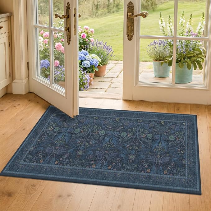 Washable 2x4 Entryway Rugs, Oriental Floral Small Blue Kitchen Rugs, Thin - Image 3