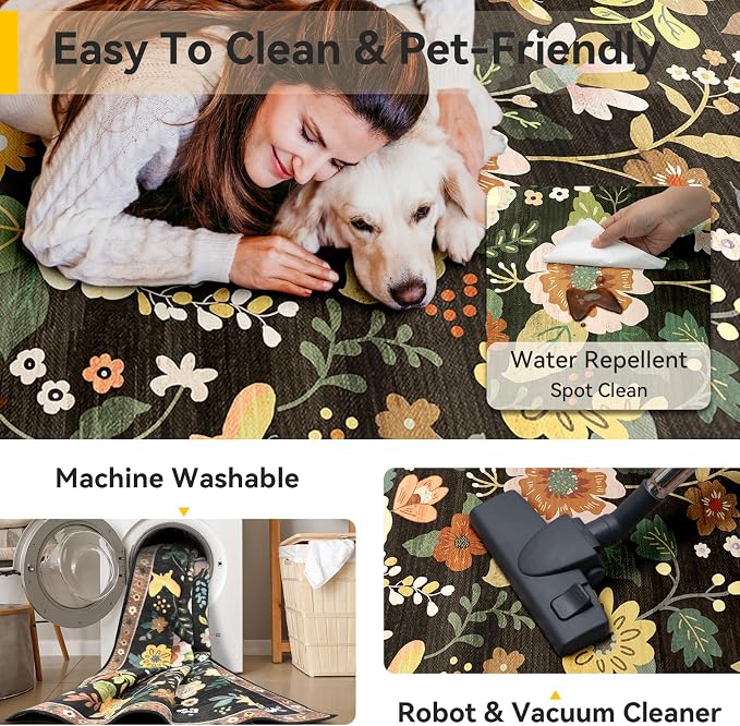 RELEANY Floral 5x7 Area Rugs Washable Print Boho Cute Carpet Non Slip Flower - Image 5