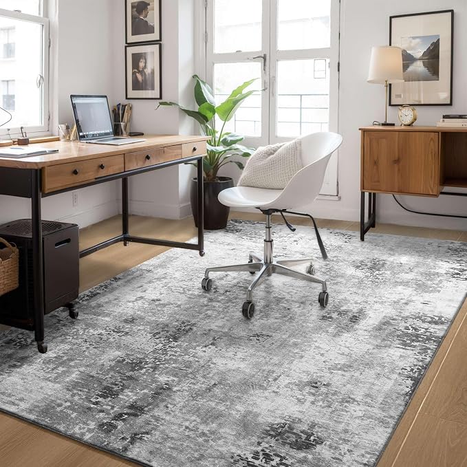Living Room Rug 5x7 Gray Area Rug Machine Washable Boho Rug Non Slip Abstract - Image 4