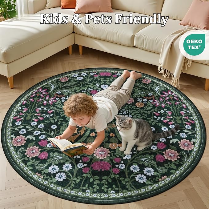 Round Area Rug for Living Room: 6 ft Floral Washable Circle Rug Soft Boho - Image 8