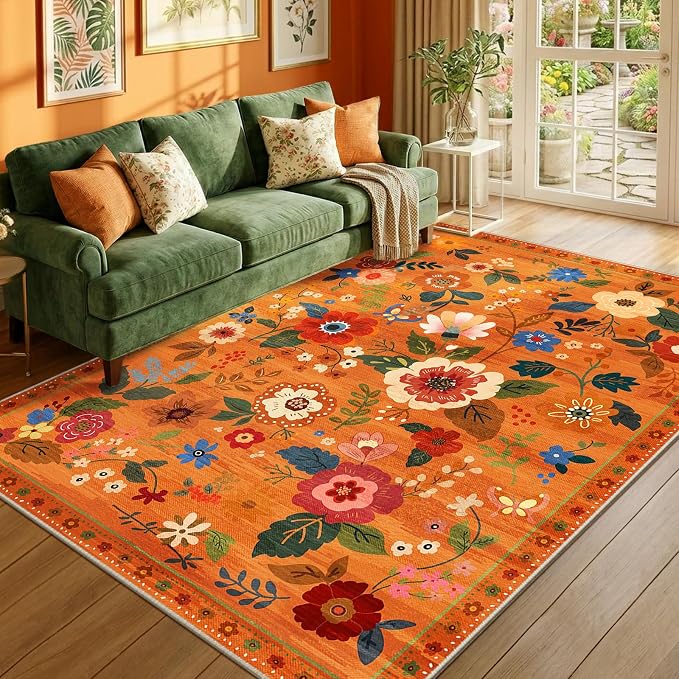 RELEANY Floral 5x7 Area Rugs Washable Print Boho Cute Carpet Non Slip Flower by RELEANY