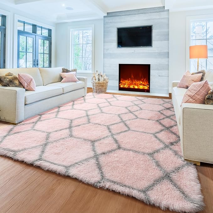 ONASAR 7x9 Area Rugs for Living Room Bedroom, Large Fluffy Pink and Grey Throw - Image 8
