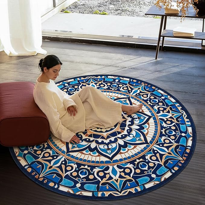 jinchan Mandala Round Rug 7ft Blue Boho Washable Rug Moroccan 7' Round Modern - Image 8