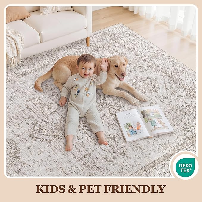 6x9 Area Rugs for Living Room:Beige Washable Vintage Medallion Carpet Non-Slip - Image 5