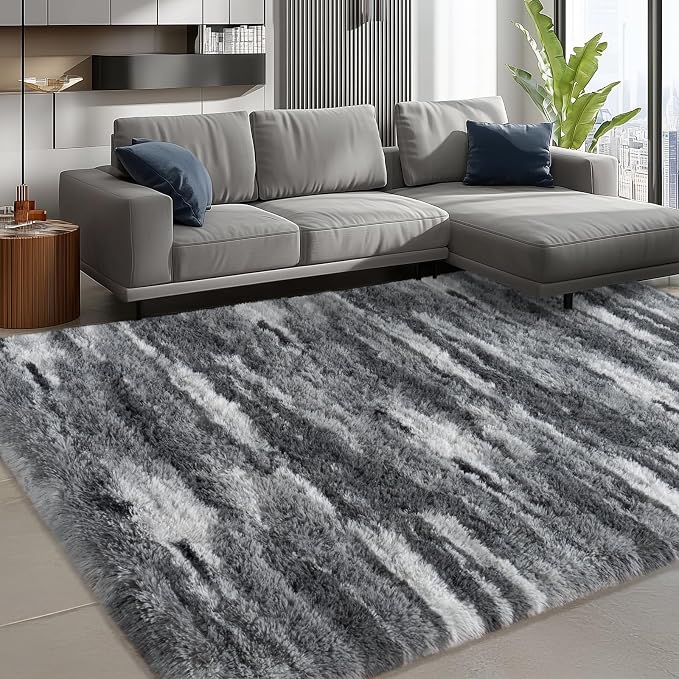 Shag Rugs for Living Room 6x9, Ultra Soft Abstract Grey Big Fuzzy Rugs for - Image 4