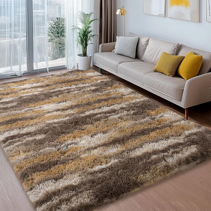 Shag Rugs for Living Room 9x12, Ultra Soft Abstract Brown Big Fuzzy Rugs for - Image 5