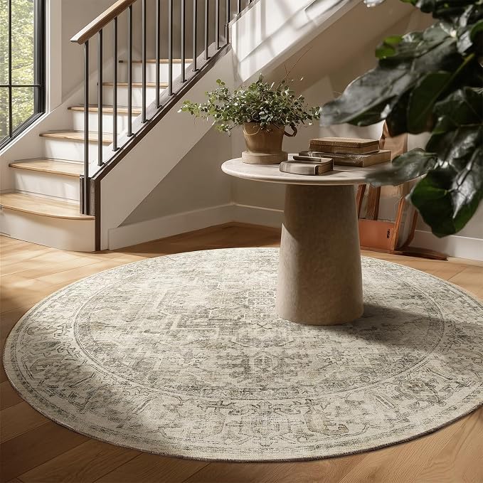 6ft Washable Round Rugs for Bedroom: Circle Living Room Rug Vintage Non Slip - Image 3