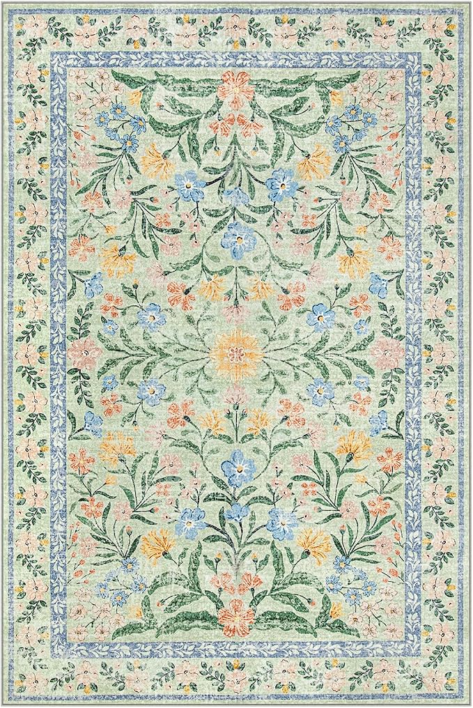 Wonnitar Washable Floral 6x9 Rug, Soft Green Area Rug Boho Non Slip Dining Room - Image 8