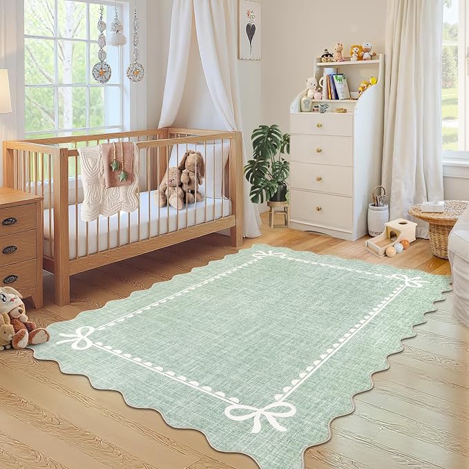 GarveeHome Scalloped Bow Rug for Living Room, Sage Green Rug for Dorm, Washable by GarveeHome