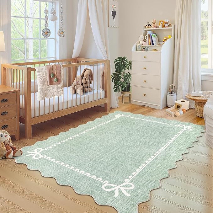 GarveeHome Scalloped Bow Rug for Living Room, Sage Green Rug for Dorm, Washable - Image 3