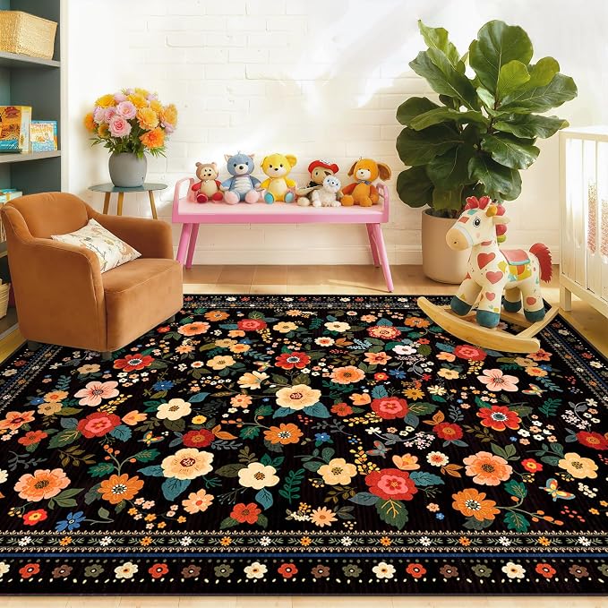 5x7 Area Rugs for Living Room Vacuum-Friendly Machine Washable Area Rug Flower - Image 8