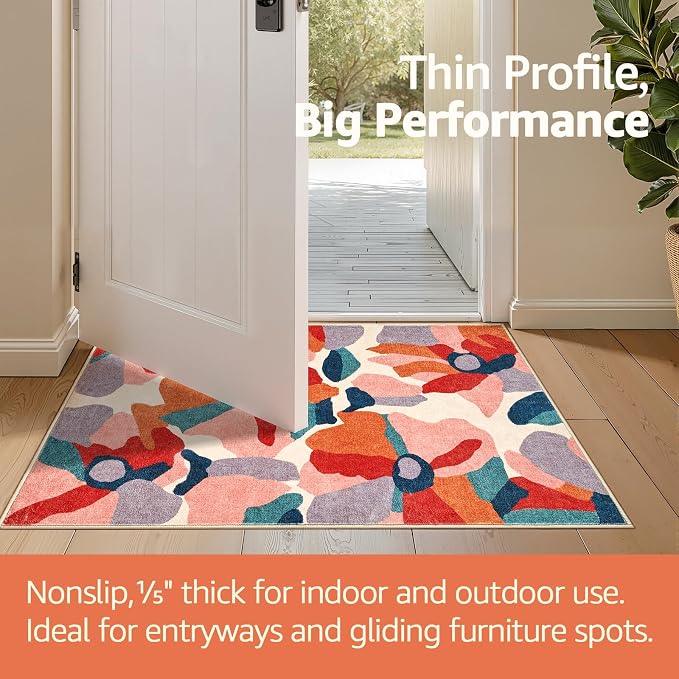 jinchan 5ft Floral Round Rug Washable Living Room Rug Colorful Bloom Round Mat - Image 5