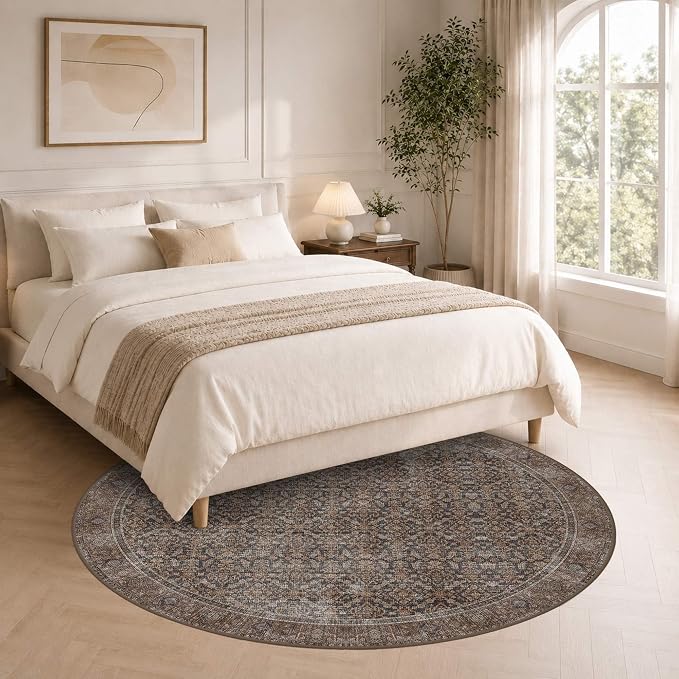 Latte&Fog Round Rug Washable Vintage Non Slip Circle Area Rug | Washable - Image 3