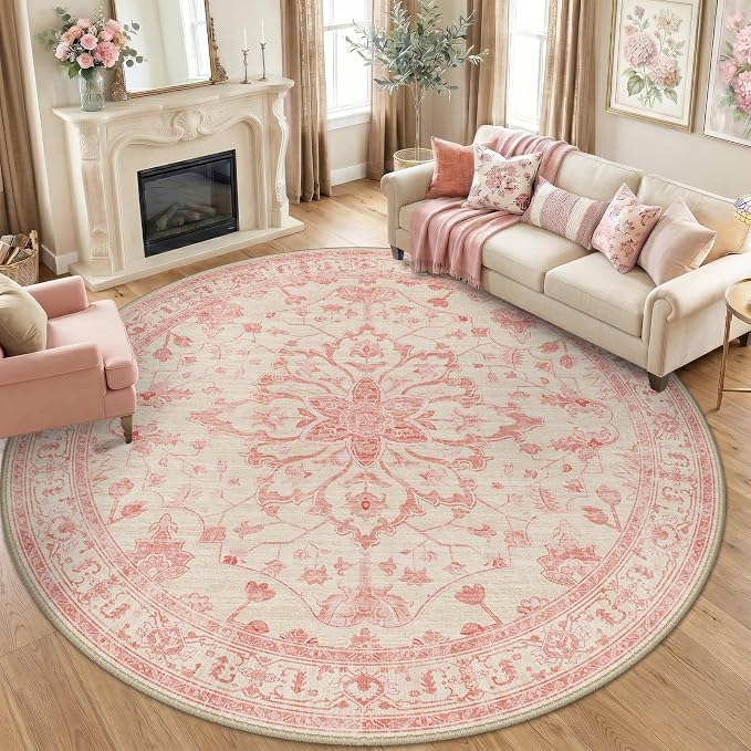 RELEANY Area Rugs Round 8ft Washable Non-Slip, Floral Vintage Distress by RELEANY