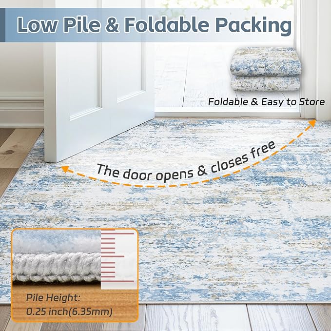 Area Rug 6x9 Living Room Rug Washable: No-Slip Abstract Soft Thin Large Blue - Image 7