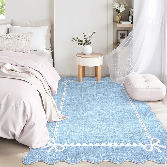GarveeHome Scalloped Bow Rug for Living Room, Solid Blue Rug for Dorm, Washable - Image 3
