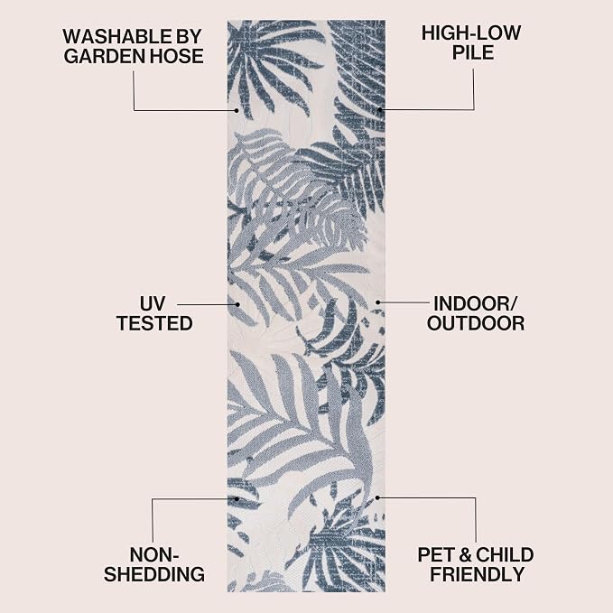 JONATHAN Y Tropics Palm Leaves Indoor Outdoor Runner Rug 2X8 Cream/Dark Blue - Image 2