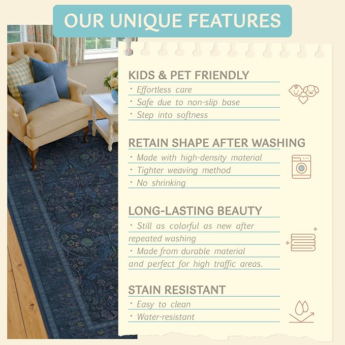 Washable Dark Blue 5x7 Living Room Area Rug - Image 7