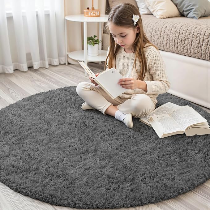 Dark Gray Round Fluffy Rug 5ft Plush Fuzzy Shaggy Carpet, Soft Rugs - Image 4