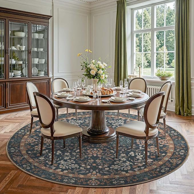 jinchan Zenith Round Rug 7ft Area Rug Soft 7'Round Vintage Floral Rug Non-Slip - Image 2