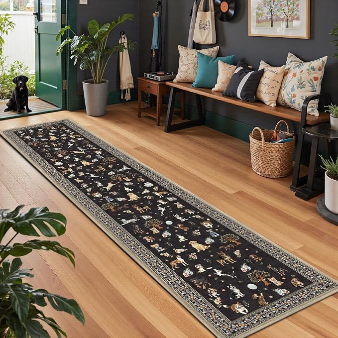 Floral Dog Hallway Runner Black Carpet Non-Slip, 2x10 Washable Rug Ultra-Thin - Image 4