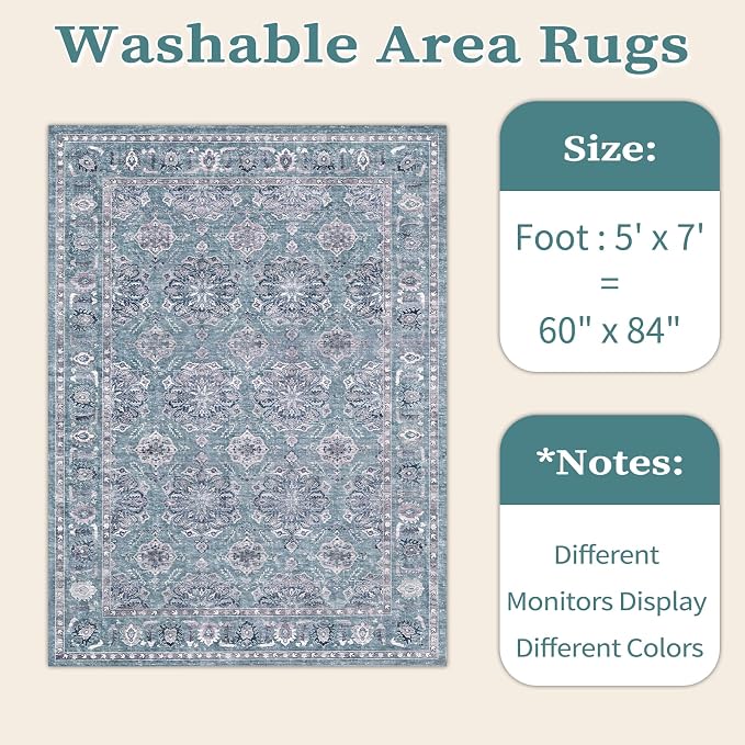SERISSA Boho Area Rug 5x7 Blue Grey, Washable Large Rugs - Image 6