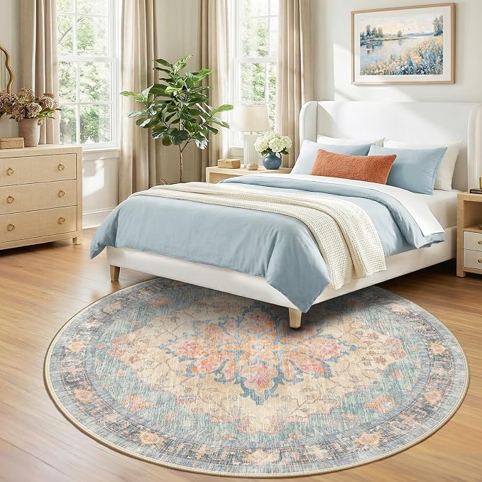 RELEANY Area Rugs Round 8ft Washable Non-Slip, Floral Vintage Distress - Image 3