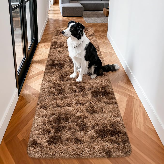2x8 ft Plush Brown Tie Dye Rug Runner High Pile Fluffy Soft Bedside Rug Fuzzy - Image 9