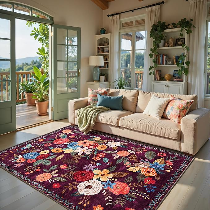 Area Rug 4x6 Rug Washable Boho Rugs Non Slip Low Pile Floral Small Carpet by WelcometoBabovid