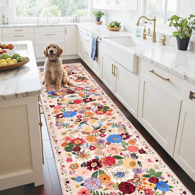 Blush Floral Hallway Runner Carpet Non-Slip, 2x10 Washable Rug Ultra-Thin Soft by WelcometoBabovid