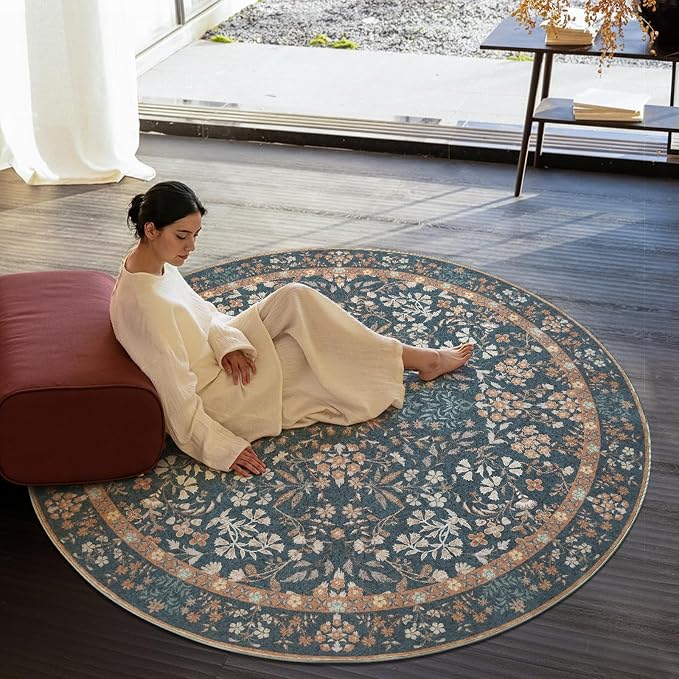 jinchan Zenith Round Rug 7ft Area Rug Soft 7'Round Vintage Floral Rug Non-Slip - Image 6