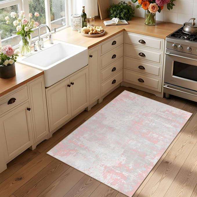 Latte&Fog Entryway Pink Rug, Modern Abstract 2x3 Washable Area Rugs - Image 4