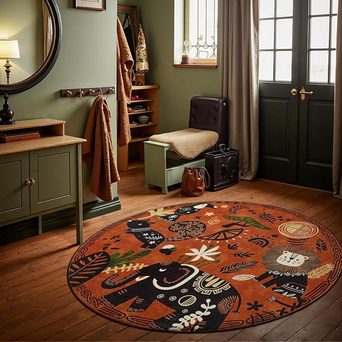 jinchan 5ft Cute Round Rug Kids Washable Fun Rug Terracotta Boho Jungle Indoor - Image 8