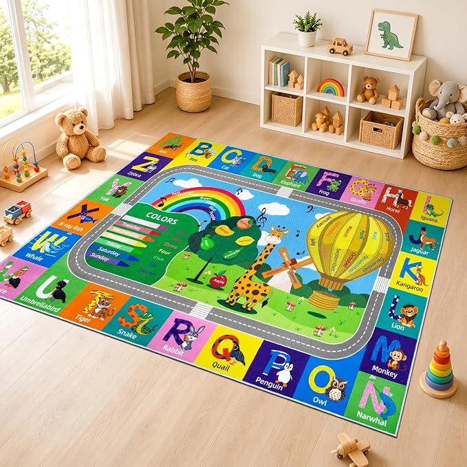 Kids Rug for Playroom Educational ABC Rug Washable Play Mat Learning Alphabet by VSIWB