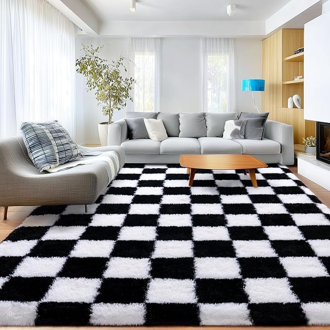 Checkered Rugs for Living Room 6x9, Ultra Soft Fluffy Rug for Bedroom, Modern - Image 2