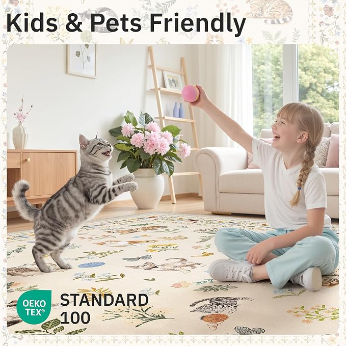 Soalmost Cat 5x7 Area Rugs for Living Room, Machine Washable Animal Floral - Image 5
