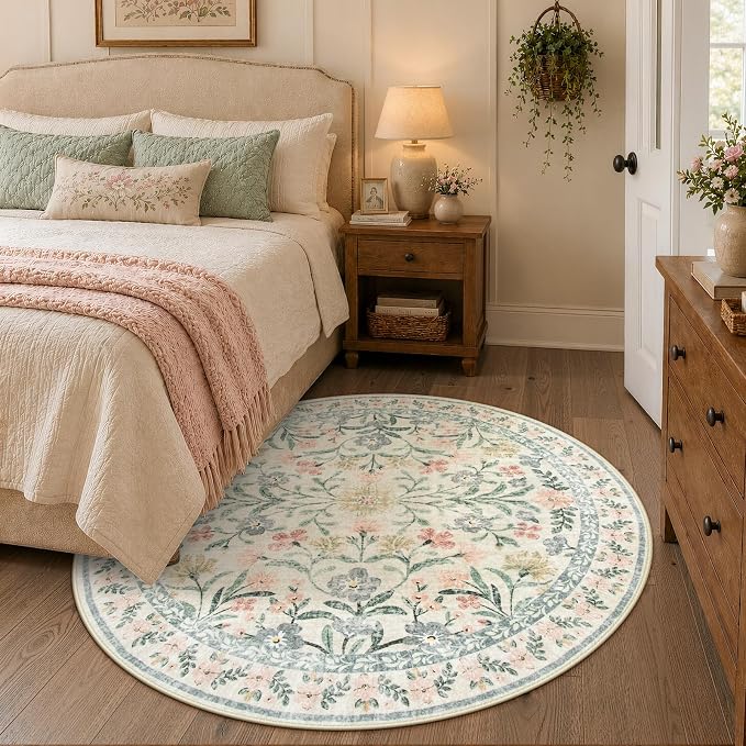 Wonnitar Round Washable Rug, Soft Floral Round Rugs 5ft Circle Carpets - Image 8
